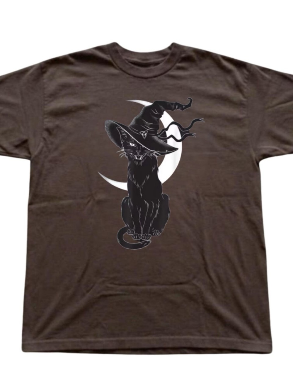 Brown Tee with Witch Hat Black Cat Graphic